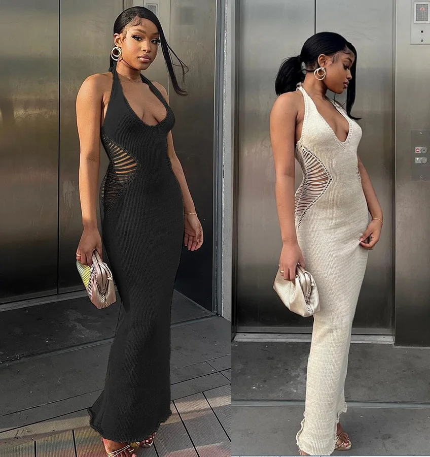 2022 Beach Halter Backless Dresses Women Wholesale Hollow U Neck Long Maxi Sundresses Women Summer