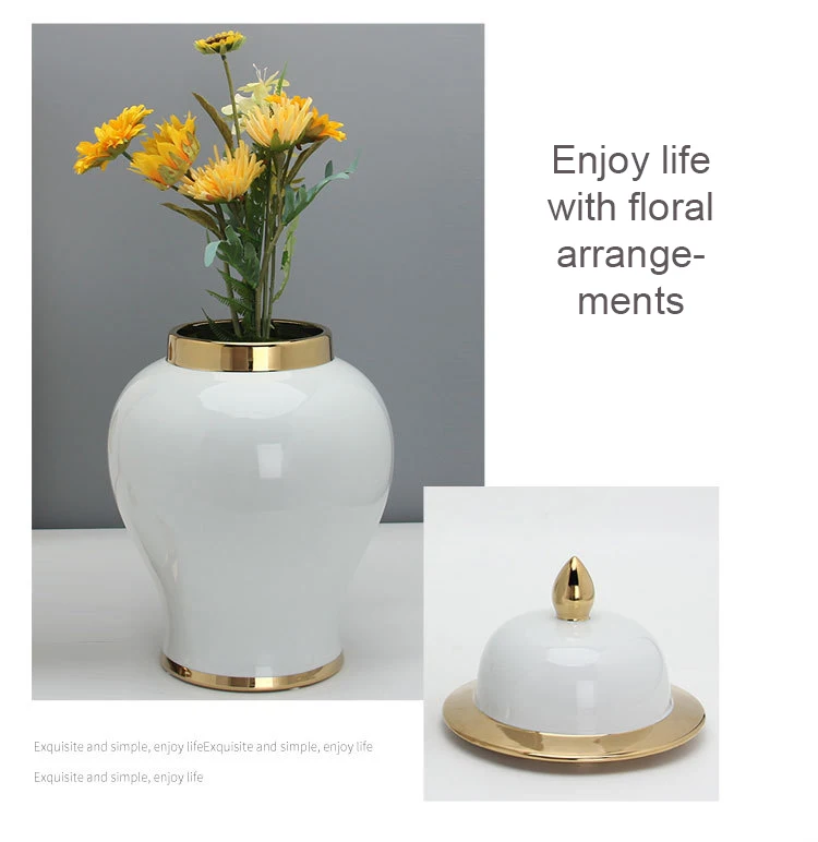 Оптовая продажа, большая декоративная белая и Золотая банка имбиря для дома и отеля, керамическая ваза с крышкой