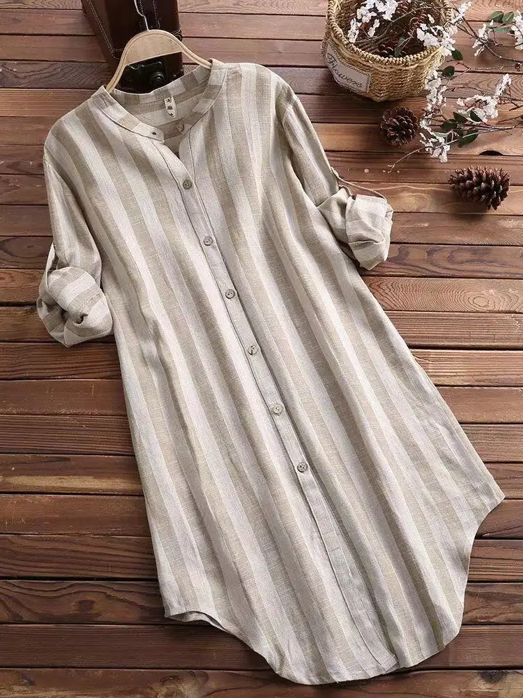 Women Long Style Shirts Striped Spring Autumn Blouse Tops Clothes Loose Long Sleeve Lapel Button Casual Shirt