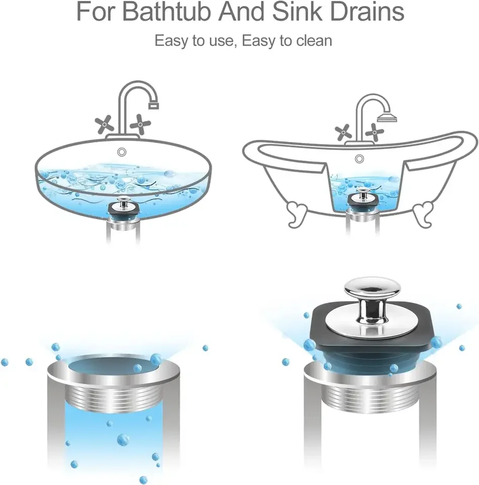 Bathtub Stopper Tub Drain Stoppers Made from silicone & stainless steel for Bathtub and Bathroom French Drain Pipe Freestandin