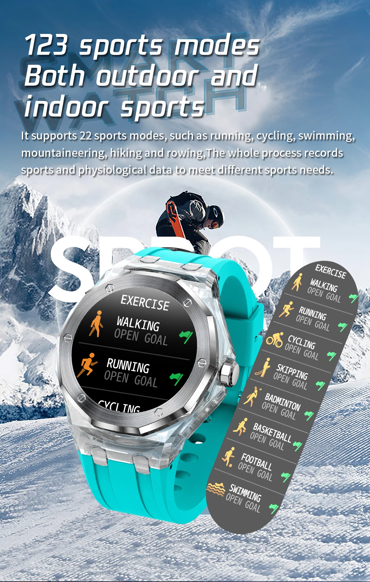 2023 New Fashion Blue Orange White Transparent Case Crystal Tough Material 3ATM Waterproof Smart Watch for Mens Watches