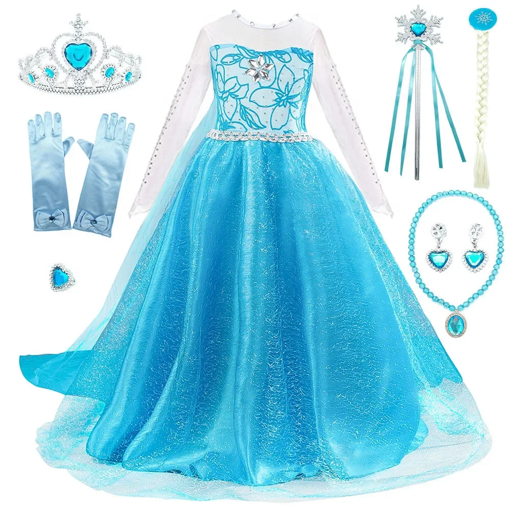 G001 Princess Dresses Snow Queen Girls Fancy  Costume Birthday Party Cosplay Clothing With Long Cloak Wig Vestido