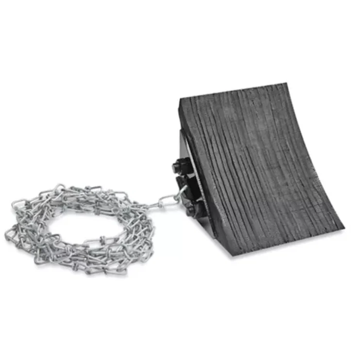 Durable Black Laminated Wheel Chock with  Attached Chain and Mounting Rubber Wheel Chock