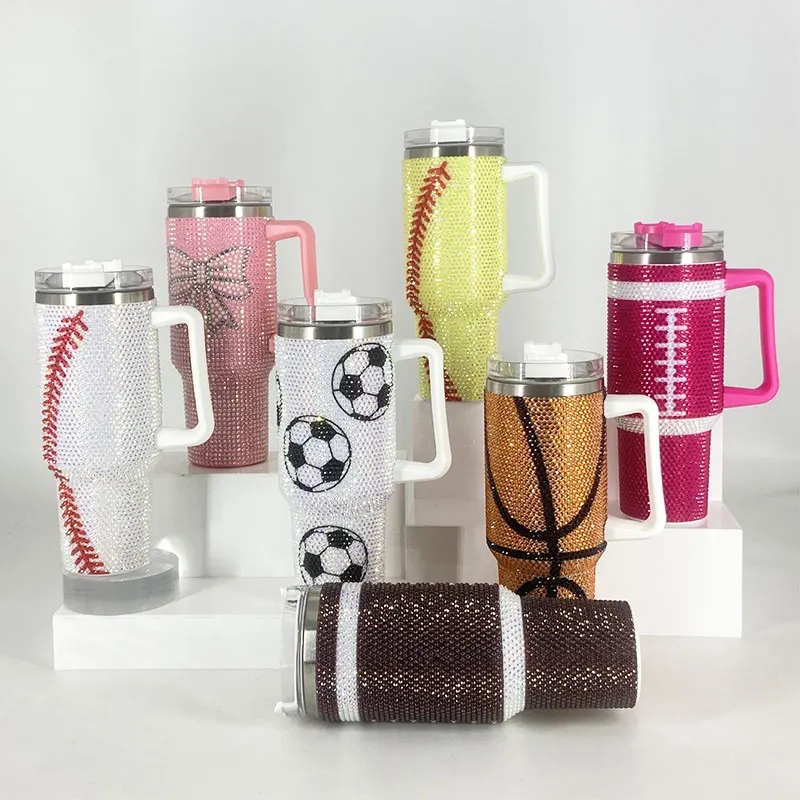 Wholesale Custom40oz Rhinestone Football Basketball Baseball Tumbler Game Day Bling Diamond Rhinestone Cup with Handle and Straw
