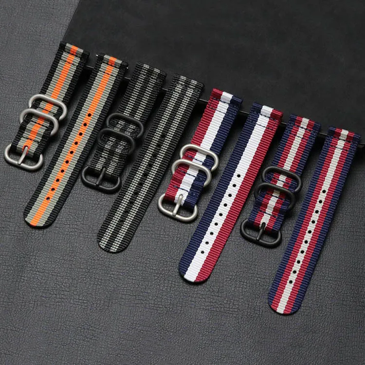 Customize 18 20 22 24mm Many Colors 2-piece Bracelet Stripe Webbing Fabric Woven Nylon Wrist Watch Band Strap Wholesale 3 Rings