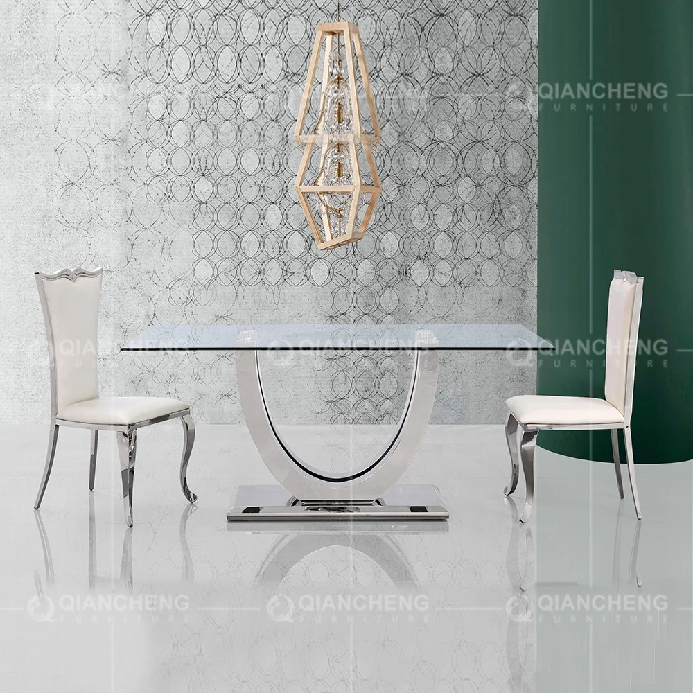 restaurant rectangle stainless steel  dining table Modern dining room furniture mirrored tempered glass dining table set