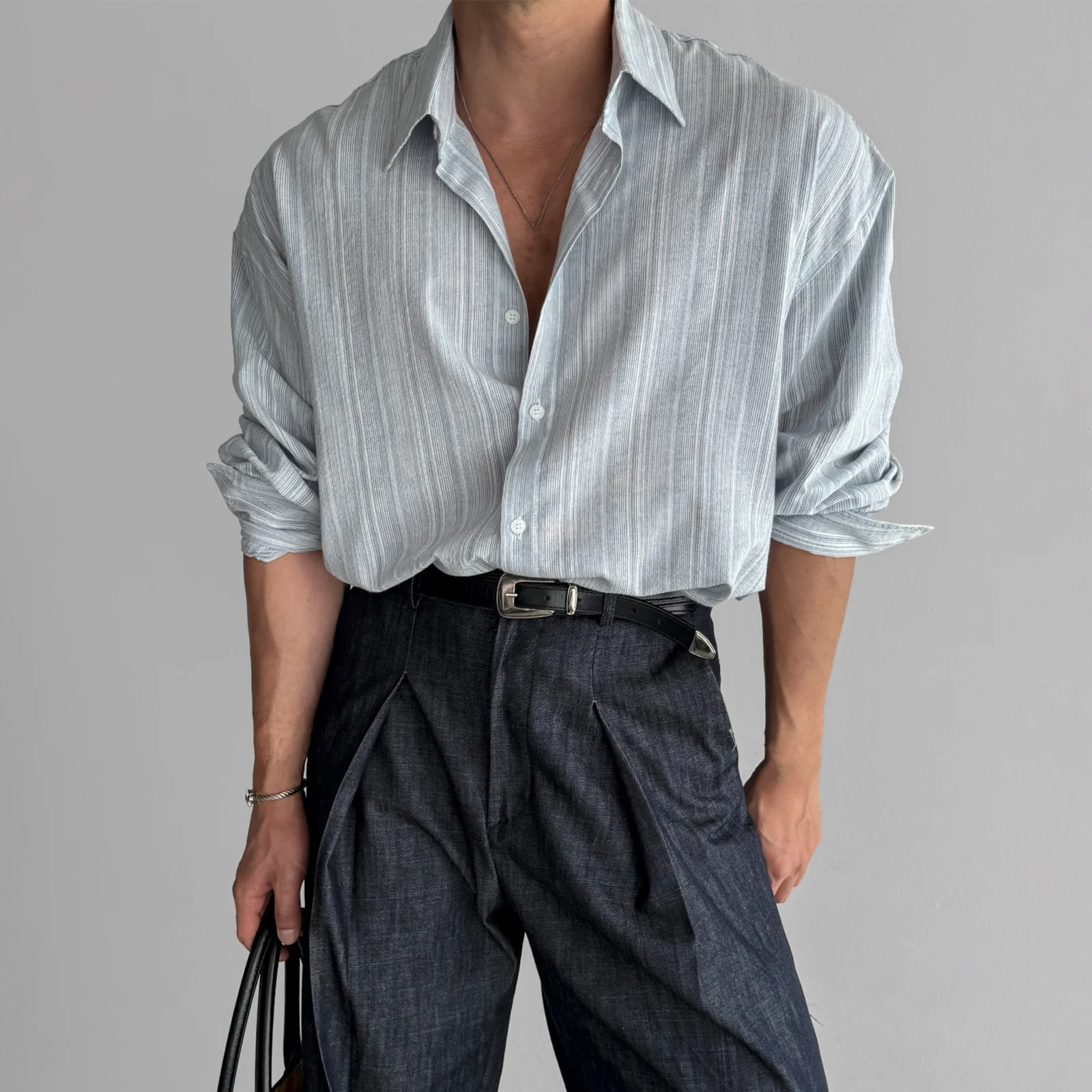 2024 new striped long-sleeved shirt for men light aged casual wear blue