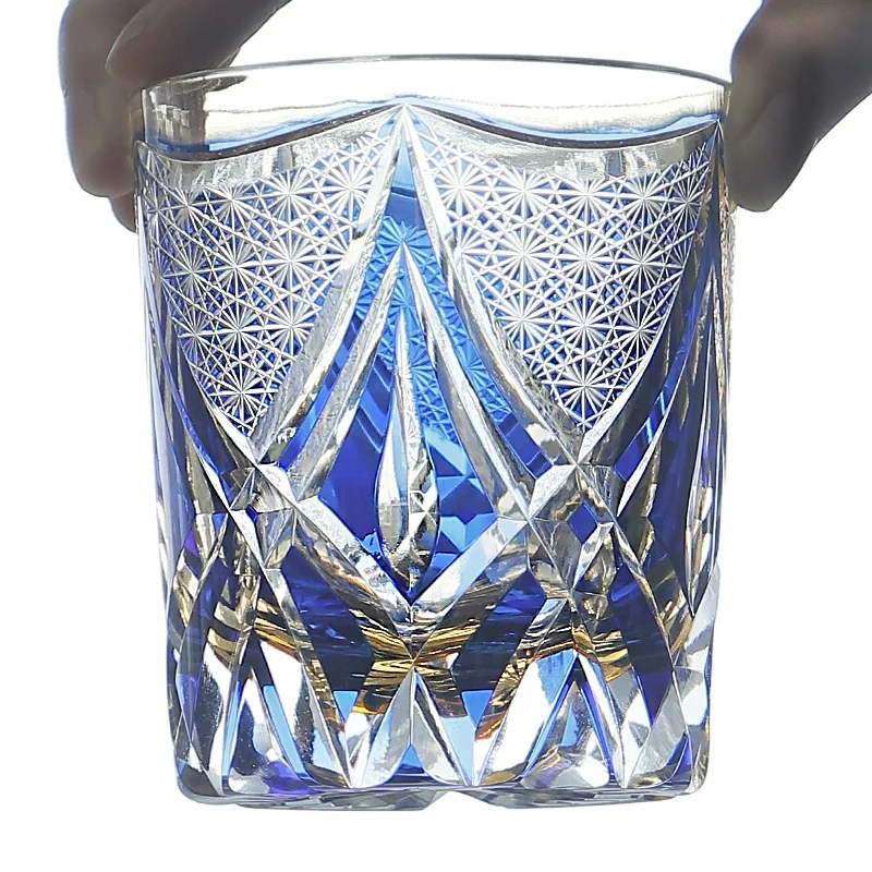 Edo Kiriko Style 9oz Red Blue Hand Carved Glass Cup for Whisky Brandy Cocktail Cold Drink perfect for wedding