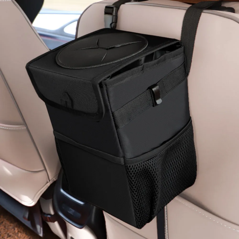 Car Trash Can with Lid Car Trash Bag Hanging with Storage Pockets Collapsible and Portable Car Garbage Bin