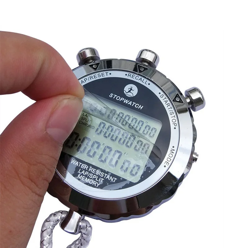 Digital Metal Multifunctional Stopawtch Water Resistant 30 Memory Lap Split Time 1/100 Second Handheld Led Display Timer