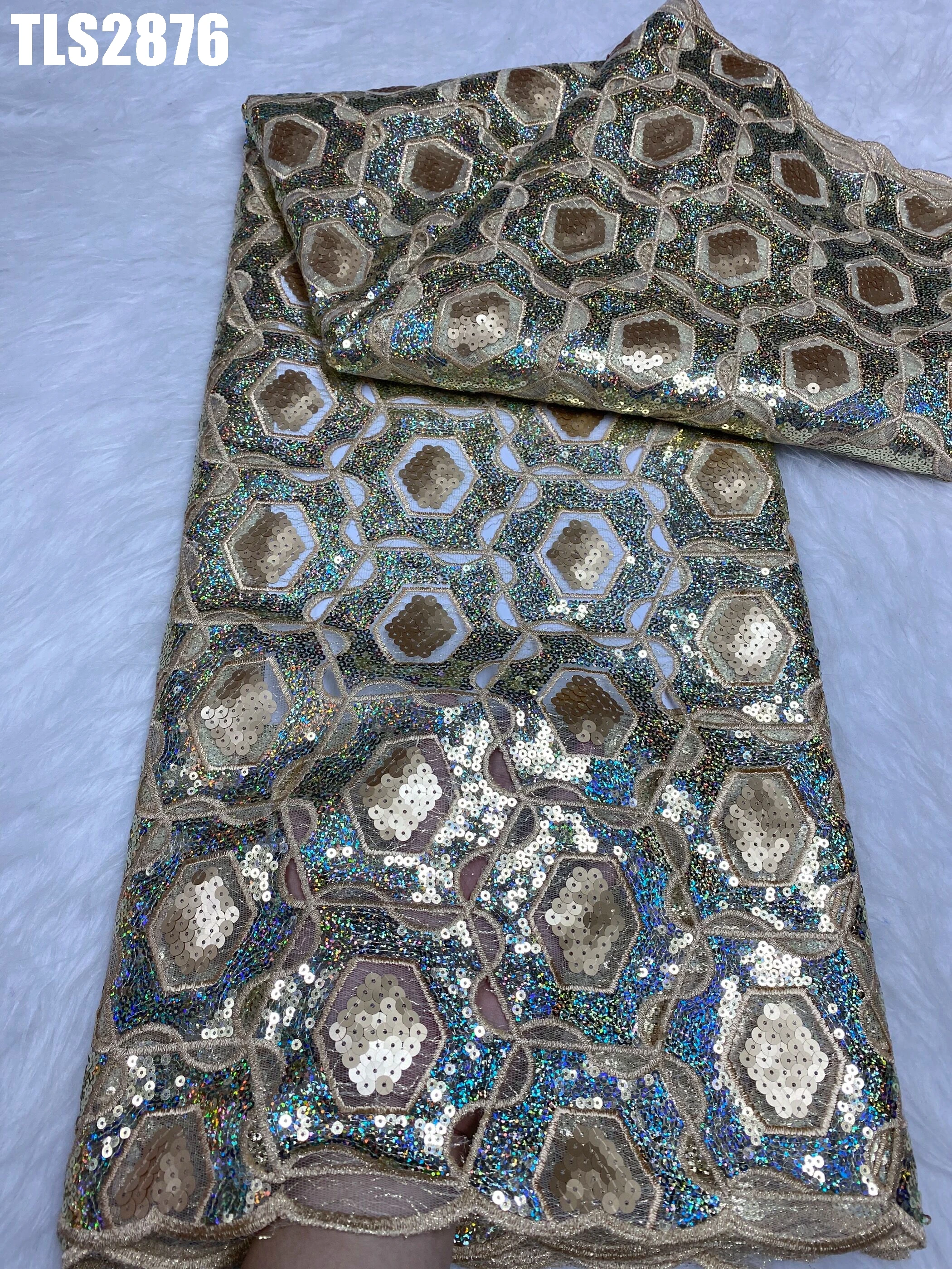 100% Polyester Unique African Sequin Lace Fabric Popular Dubai Gold Sequin Embroidery Fabric For African Wedding Dresses