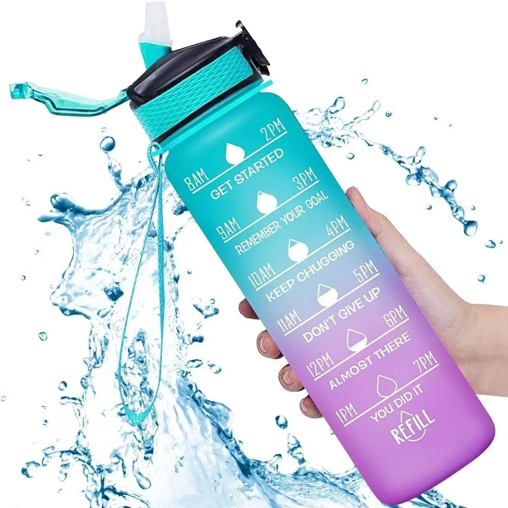 Hiking Water Bottle Frosted Plastic Bottle 1 Liter 32 Oz Motivational Water Bottle With Time Marker Reminder