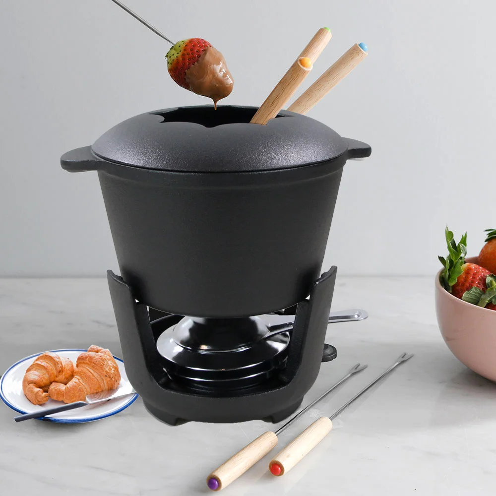 16.5cm/6.5'cast iron cheese fondue set chocolate melting pot cast iron kitchen fondue pot for cooking meat/cheese/chocolate