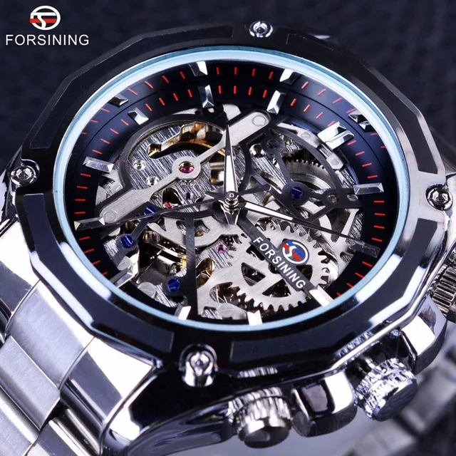 Forsining Watch Steampunk Design Fashion Business Dress Men Watch Top Brand Luxury Stainless Steel Automatic Skeleton Watch