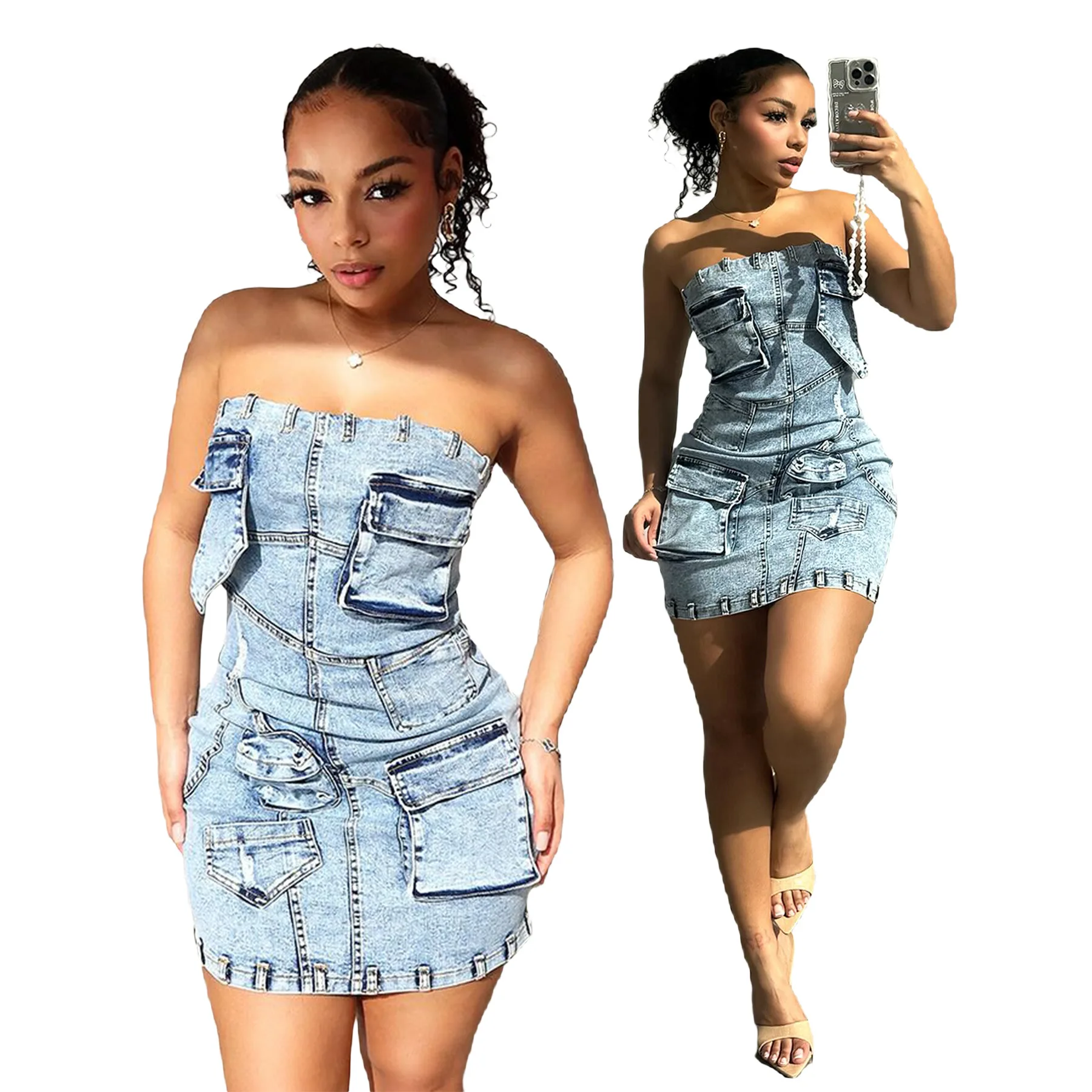 Denim Multi Pocket Strapless L27601 Mini Dress Crocheted Spandex Simple Styles Casual Bow Collar Short Knees-Length Light