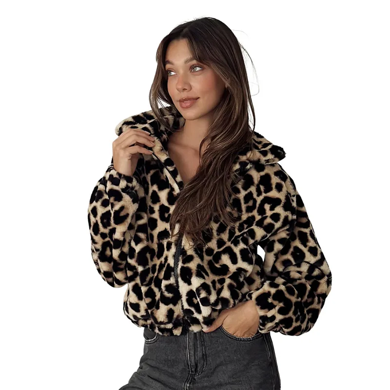 2024 Women Fashion Leopard short jacket Coat Vintage Long Sleeves Button Up Female Outerwear plush autumn winter coat