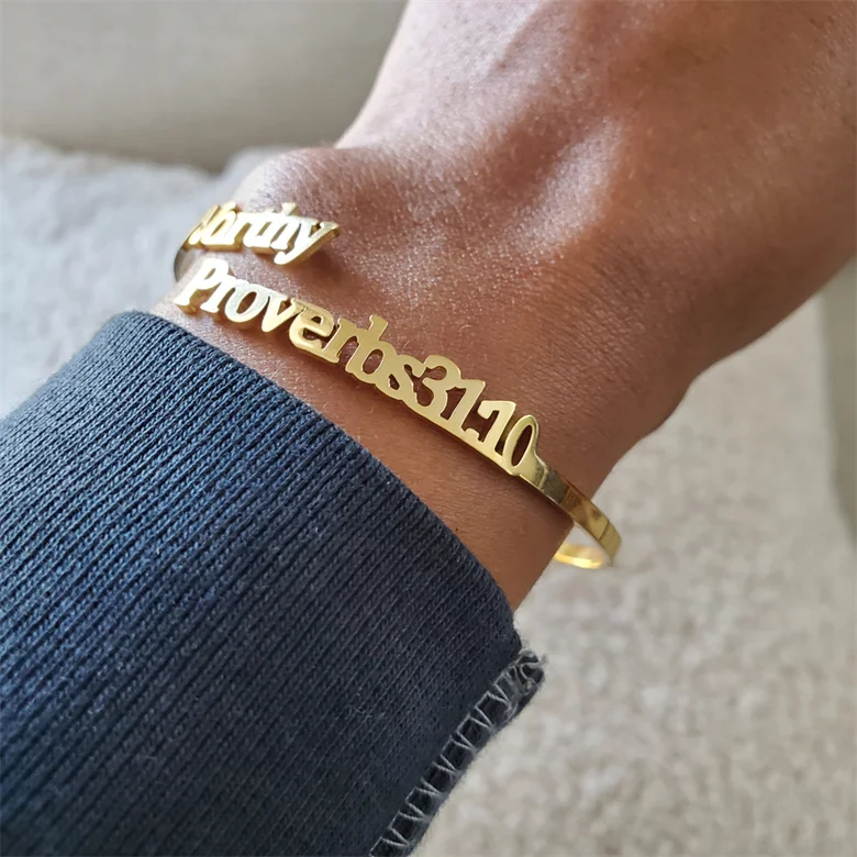 Christian Catholic jewelry dainty stainless steel bracelet silver gold Worthy Proverbs Blessed Luke Bible Verse Cuff open bangle