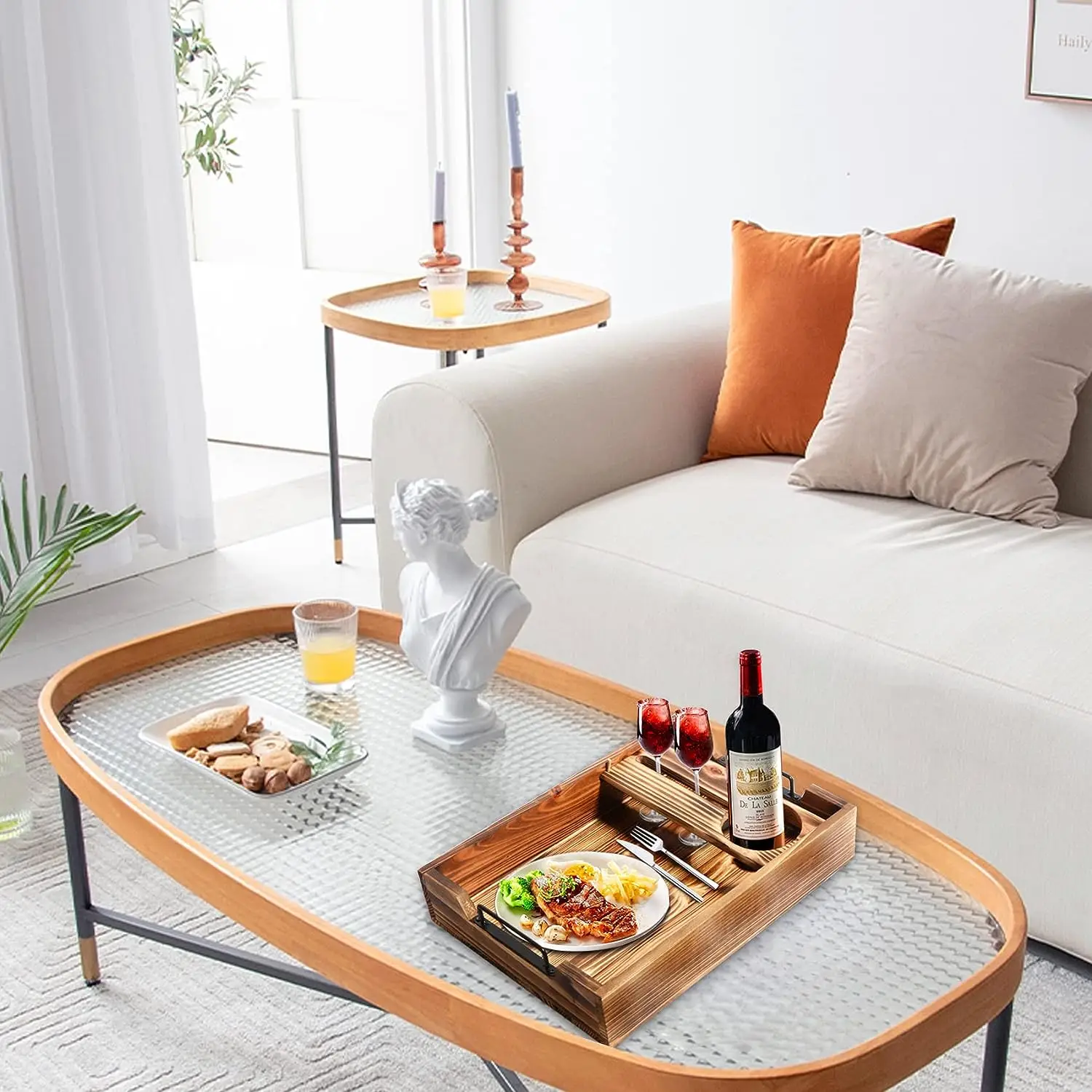 Bamboo wood snack coffee serving table tray with removable glass holder, large acacia wood ottoman tray with metal handles