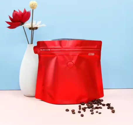Source Pack Stock Aluminum Foil Eight Side Seal Flat Bottom Pouch Red Packaging Coffee Bag With Valve Zipper