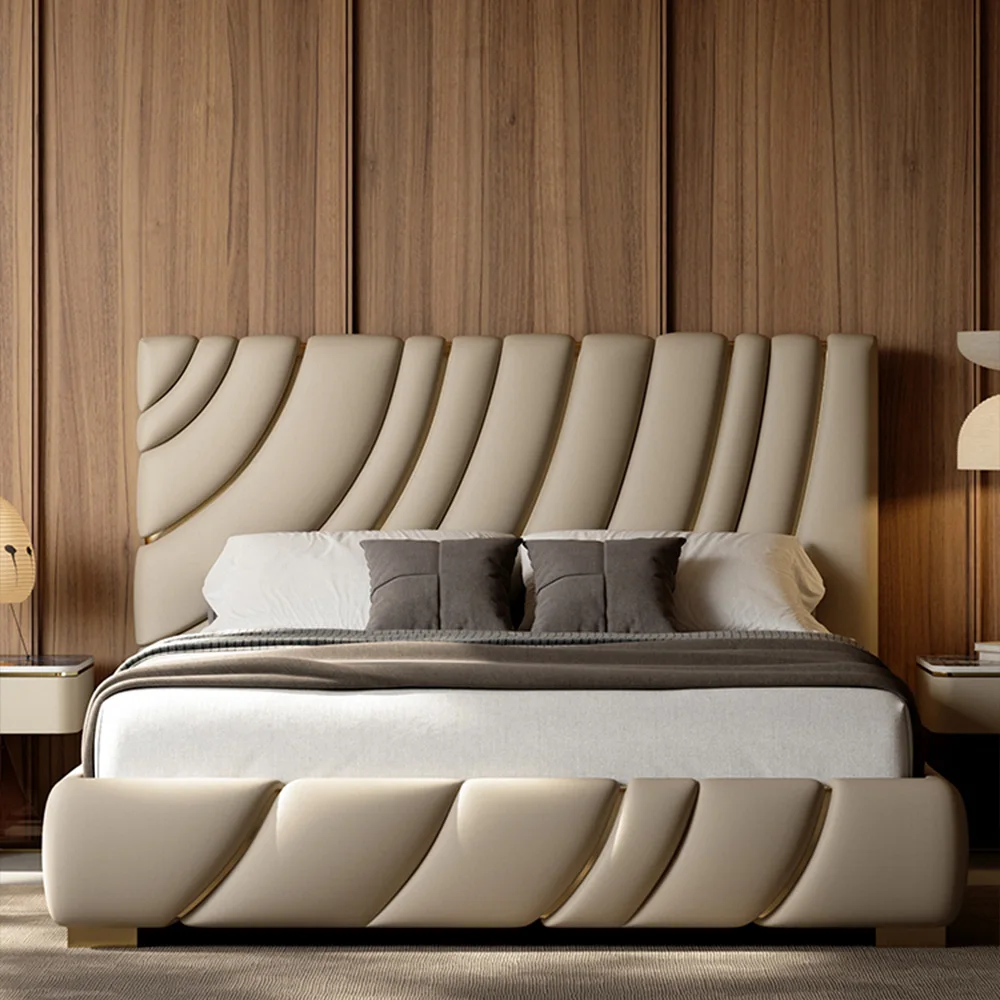 European Modern Design King Size Bed Luxury Beds Leather With Soft Back Headboard Solid Wood Frame Queen Size Double Bed