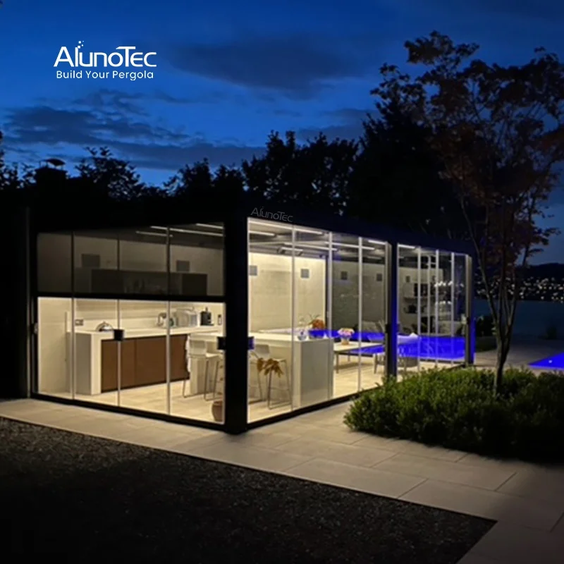 AlunoTec Motorized Garden Shed Bioclimatic Louvre Arches Roof Remote Control Outdoor Pergolas Outdoor Kitchen