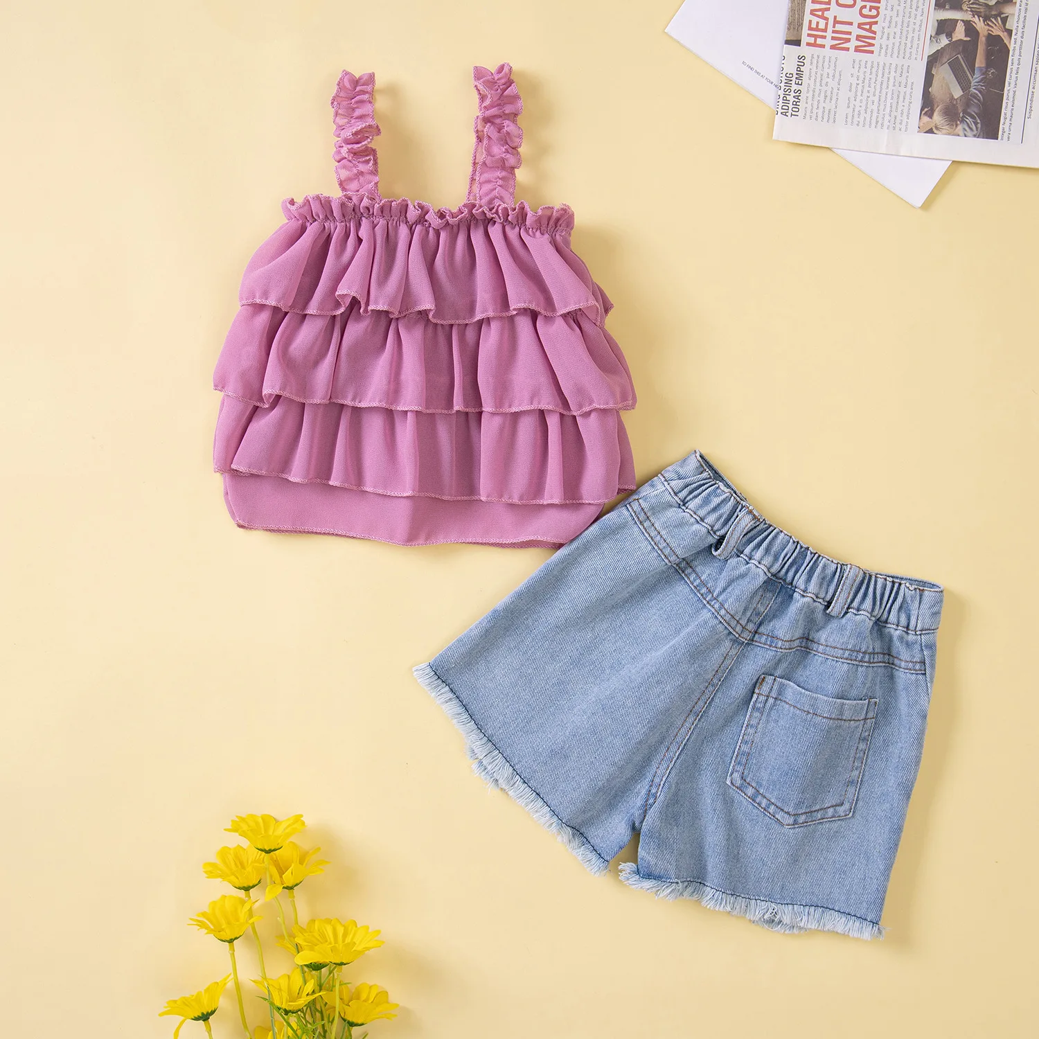 Beautiful Lace Up Chiffon Ruffles Top Denim Shorts 2pcs Clothes Set Lil Girls Clothes Set Summer