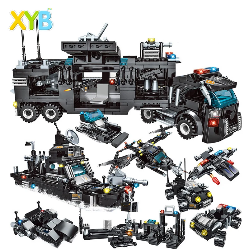 
High quality 8 in 1 legoinglys police station city police series black ABS 715pcs city swat series Block Set 