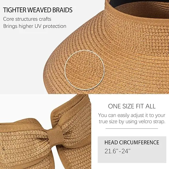 Wide Brim Roll-up Portable Straw Sun Hat Foldable Empty Top Sun Beach Straw Visor Hats for Women