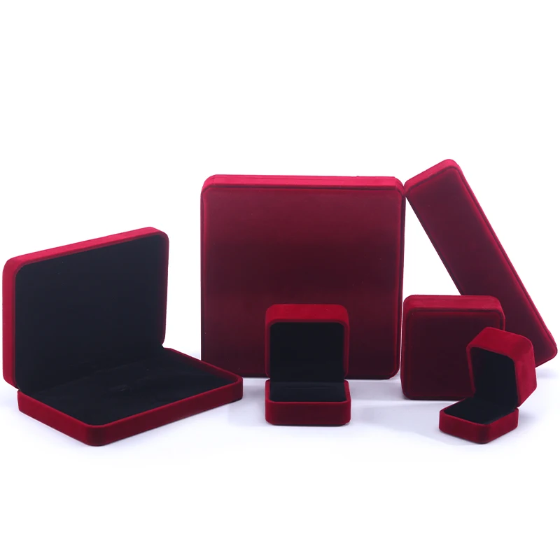 Hanhong custom wholesale necklace stud earrings bracelet jewelry packaging box dark red velvet ring jewelry box