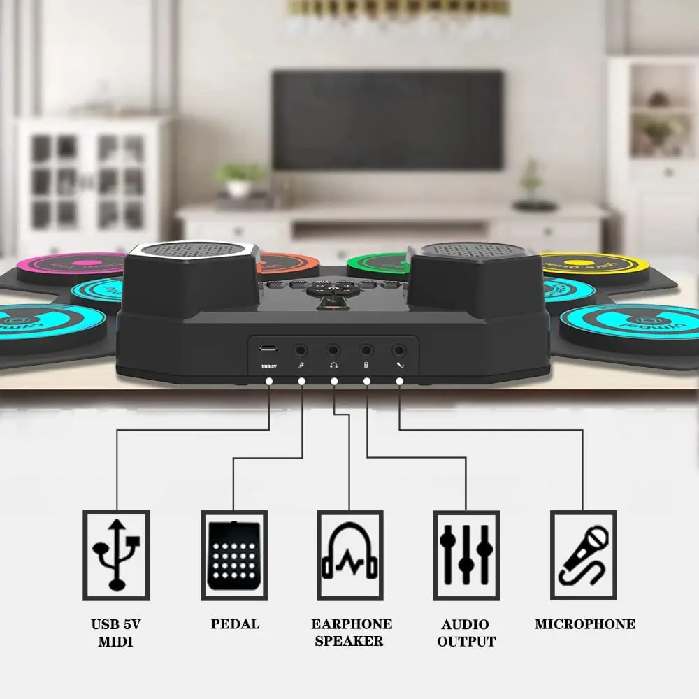 USB Portable Roll Up Drum Kit Portable Drums for Beginners Practicing with Drumsticks Pedals