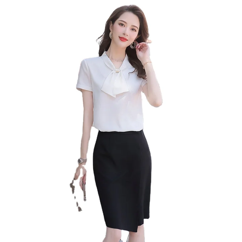 China Factory Direct Sell Dropship Wholesale White Tie Shirts for Women Short Sleeve Blouse with Bow Office Lady Summer Wear Top