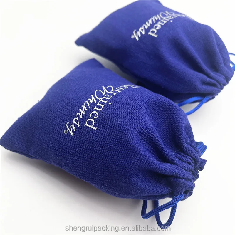 Silver Stamped Logo Soft Blue Cotton Linen Fashion Jewelry Pouch Reusable Linen Gift Packaging Bag For Metal Crafts