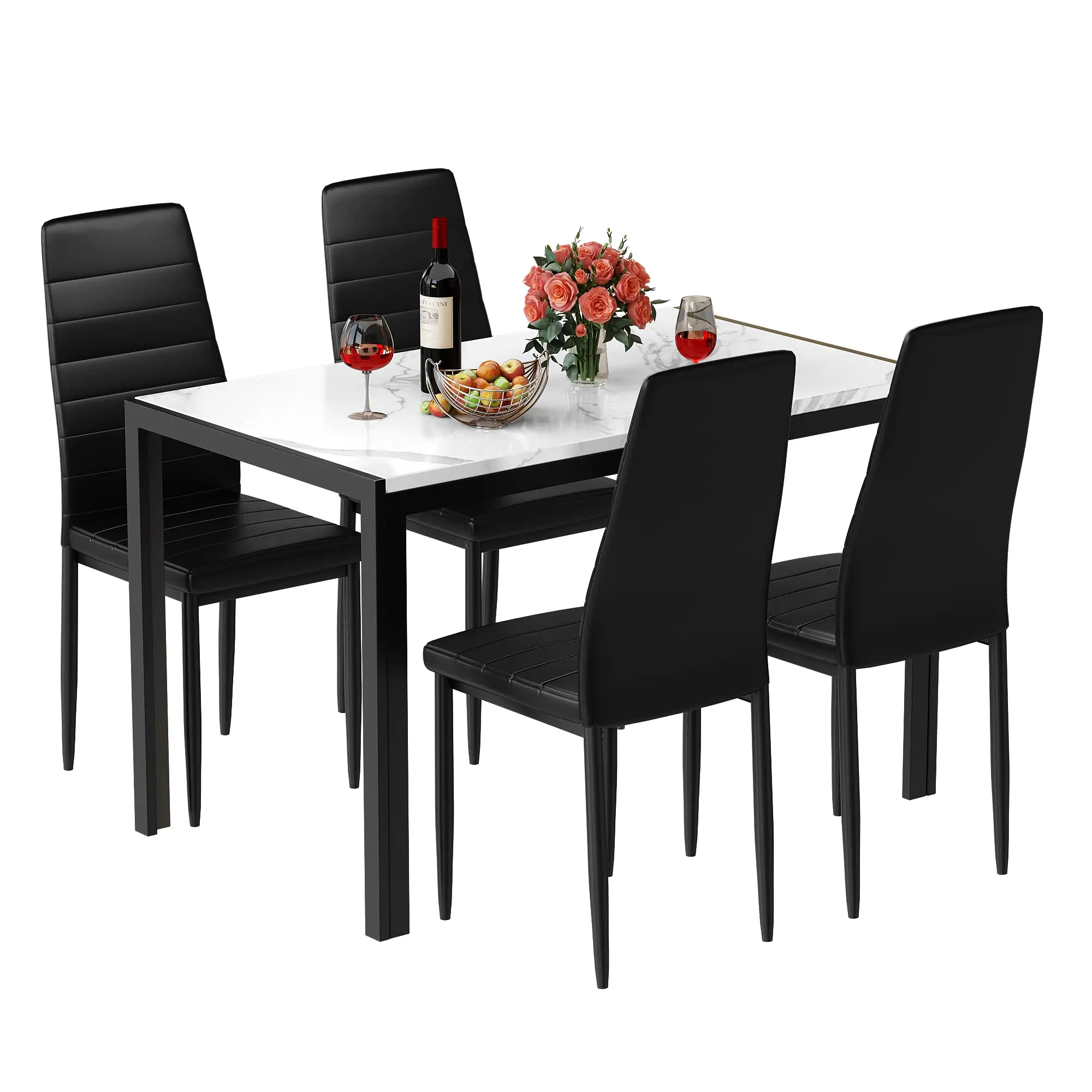 5-Piece Faux Marble Patten Kitchen Table Chair Set 4 PU Metal Frame Chairs for Small Modern Compact Space