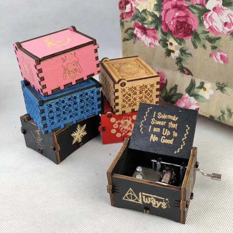 High quality mini hand crank wooden music box Laser Engraved letters