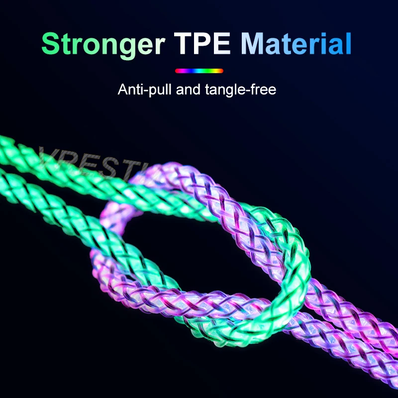 2022 Rgb 6a Fast Charge Cable Zinc Alloy Data Cable USB Type C LED Light Emitting Multicolor Gradient 66w Fast Charge Cable