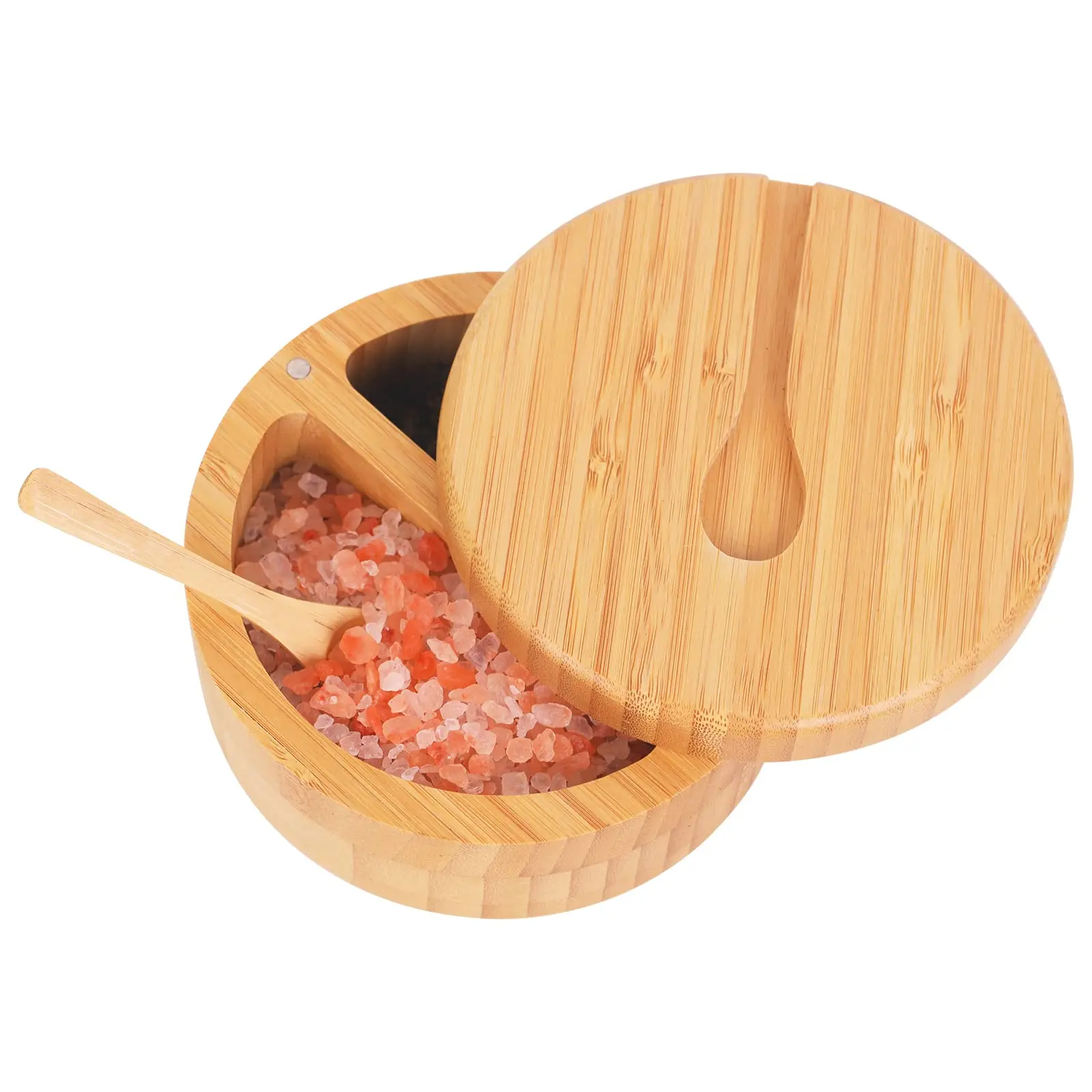 Bamboo Salt Box Salt Container with Swivel Lid with Magnetic to Easily Open Kitchen Salt Pepper Storage Box Small Spice Box
