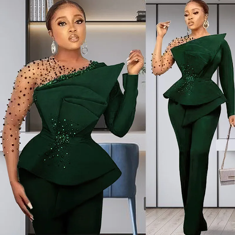 Fashion Elegant Plus Size Solid Color Mesh Stitching Bead Outfits for Women Wide Leg Pants Formal Suit Two Piece  Women