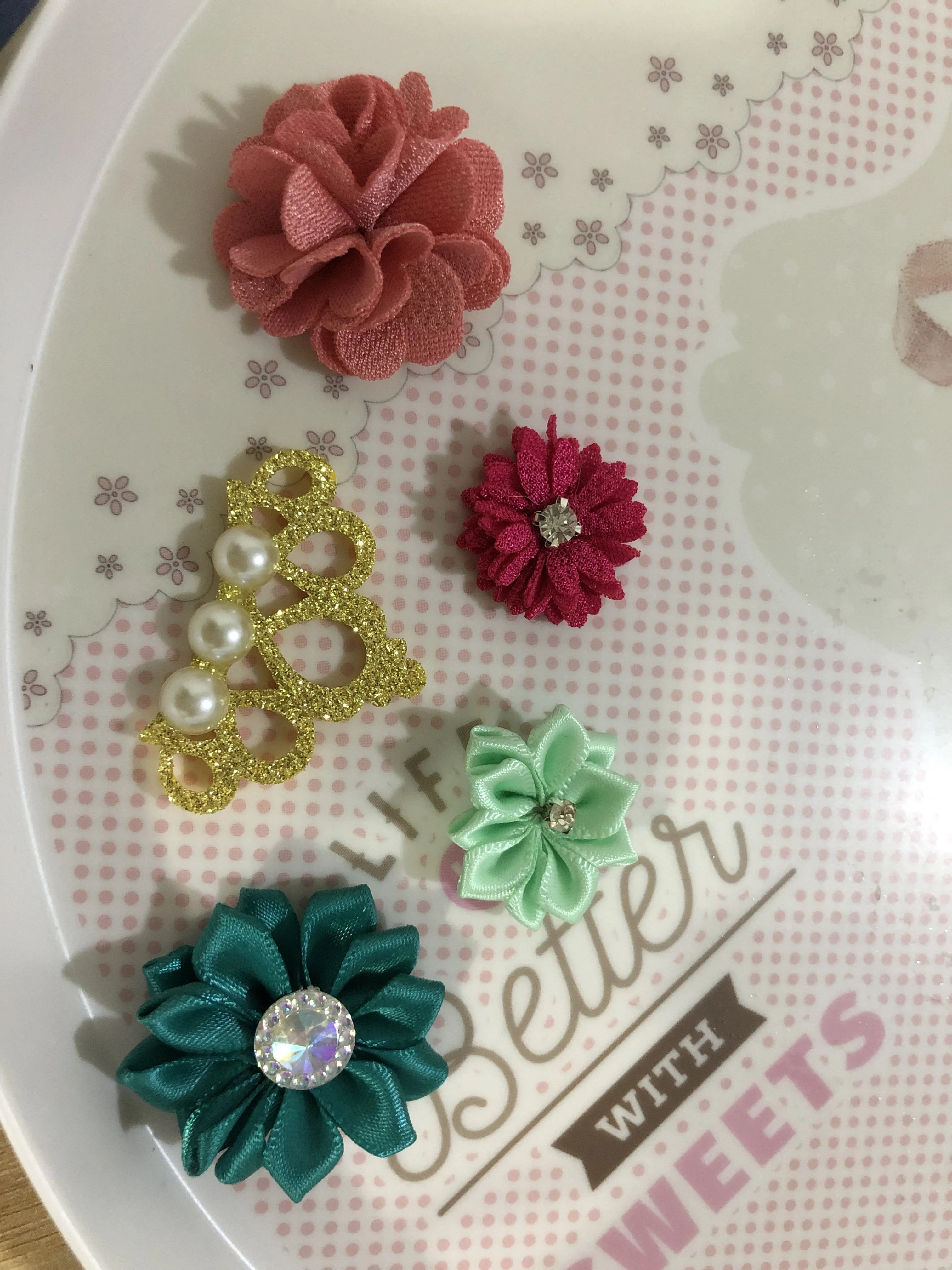 Satin Ribbon Flowers with Rhinestone for Hair Accessories