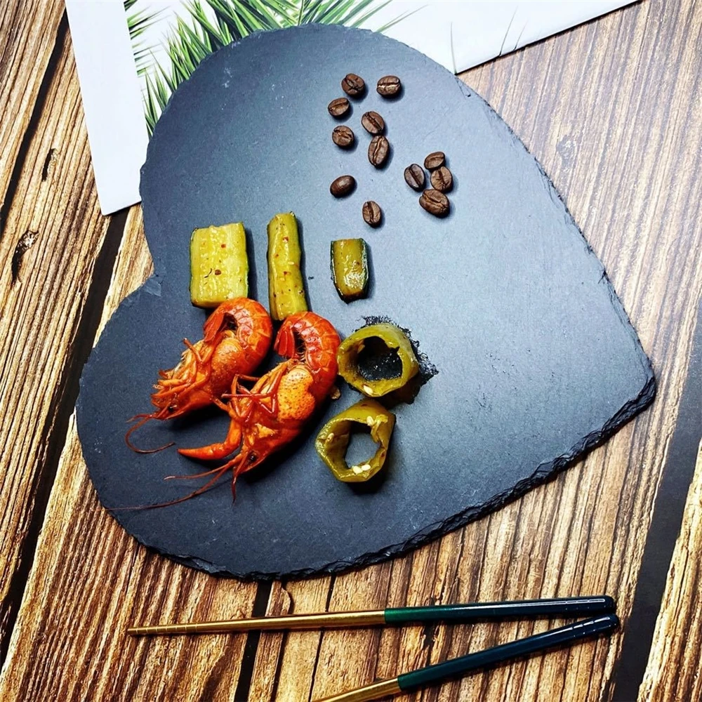 Custom Logo Stone Hearts shape slate plate Tray natural slate stone serving Tray sushi,  steaks, and cheeses Tray