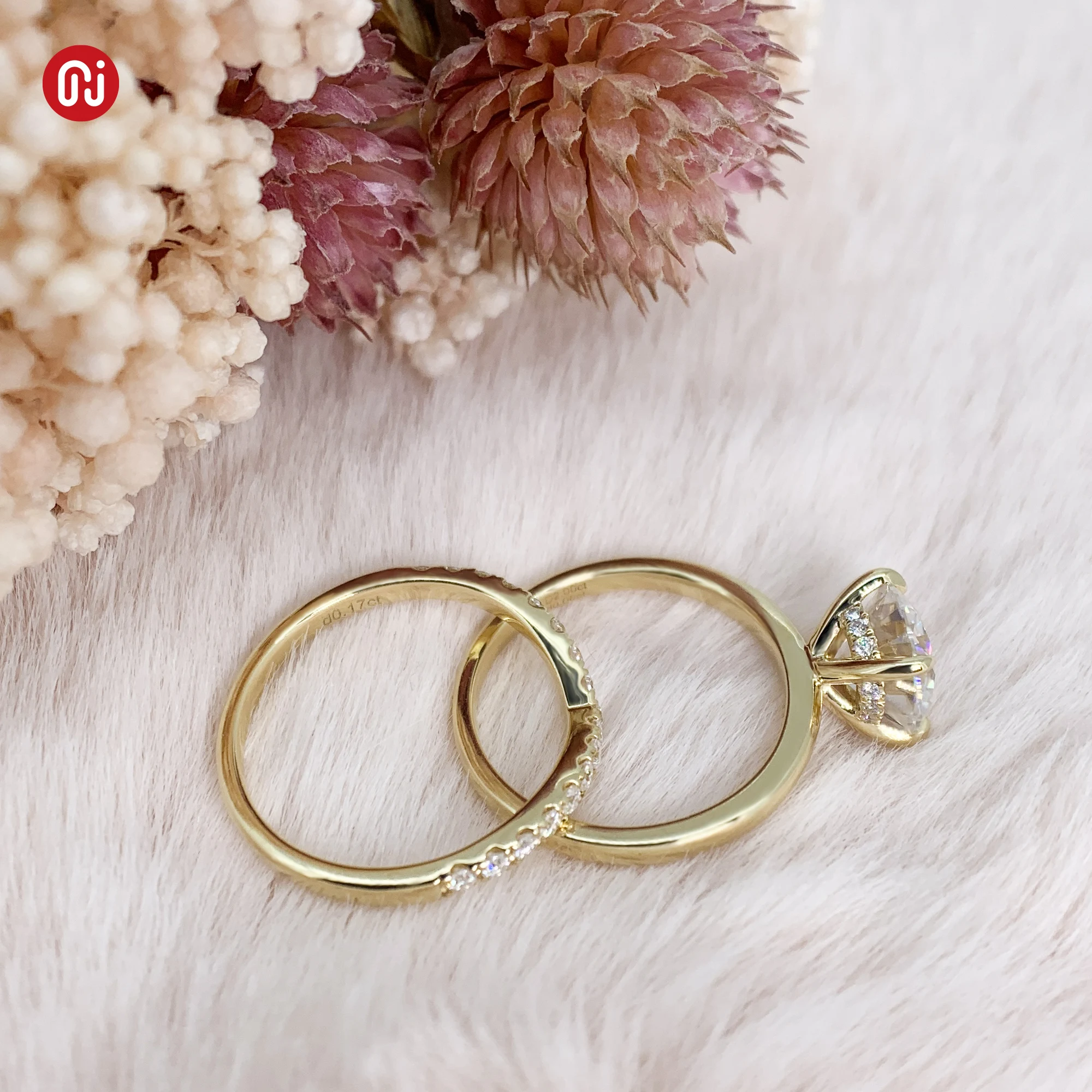 GIGAJEWE 2.5ct D color 8mm Round Cut Moissanite 9K/14K/18K Yellow Gold Two settings , Moissanite Band, Engagement Ring