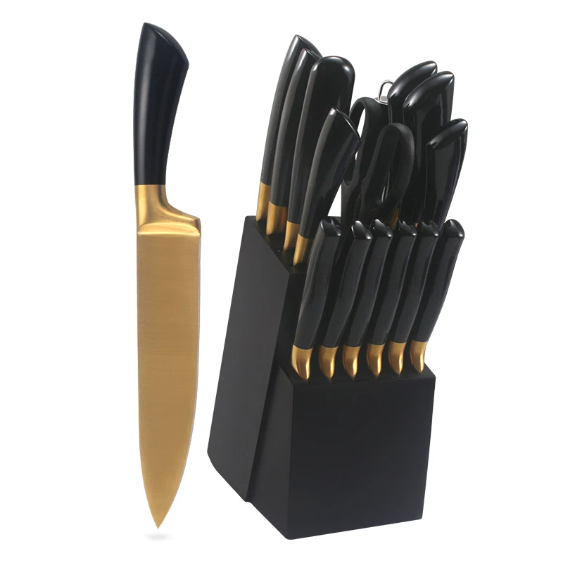 New design high quality 16 pcs Hollow handle knife set with golden Ti-Ni plating and wooden block