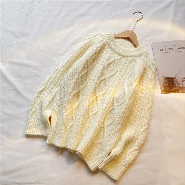 2021 autumn and winter new solid color knitted pullover sweater women retro thick needle twist thick sweater women
