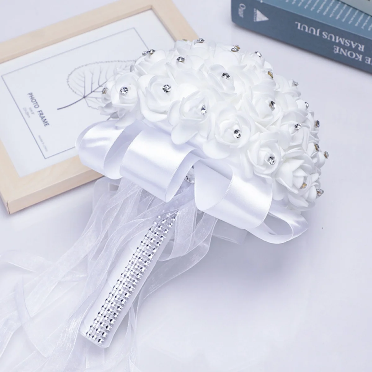Handmade Crystal Ribbon & Rhinestone Wedding Bouquet Bridal Artificial Flowers for Bridesmaids Wedding Decorations