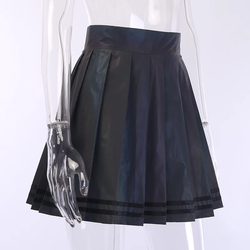 Free shipping  Stylish women reflective pleated skirt  polyester sexy fashion micro A line young girls hot mini skirt