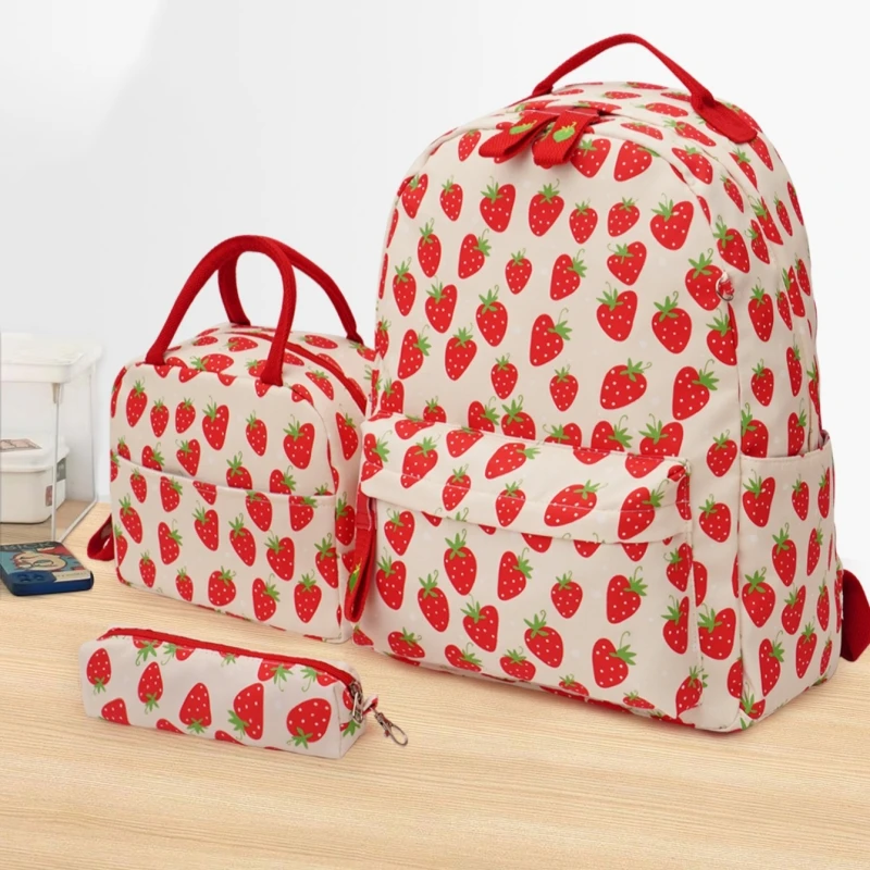 New 3 in 1 school bag and lunch strawberry bag set for kids mochilas escolares de buena calidad 2023 school bags for girls