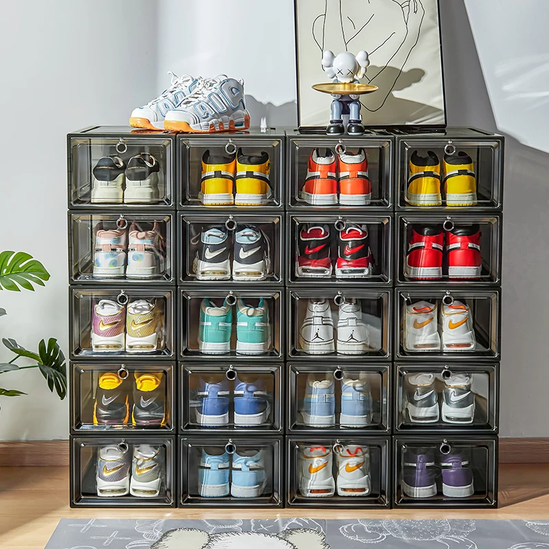Custom thick high transparent plastic transparent PS personalized magnet side open shoe sports shoe box shoe storage
