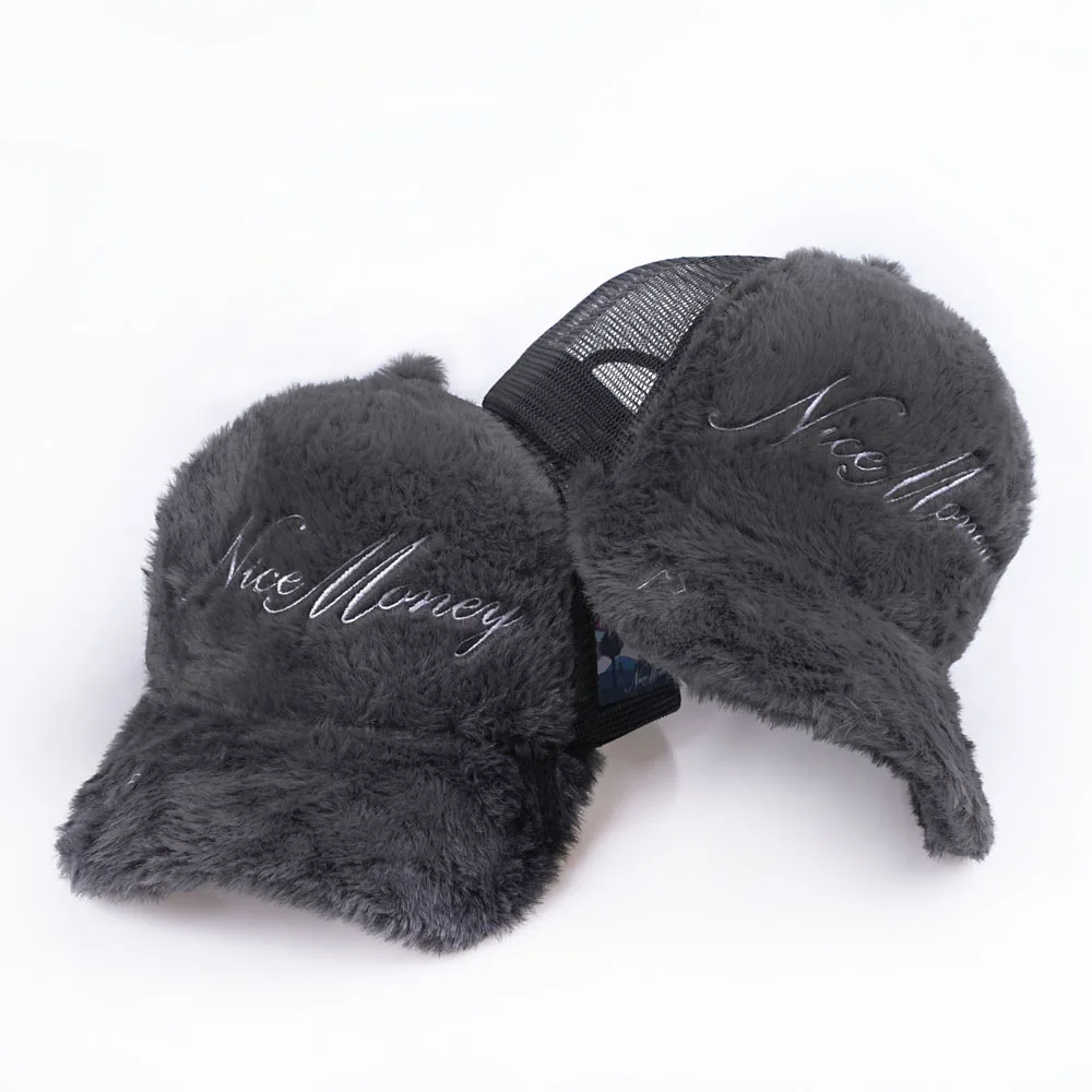 Custom Logo Faux Rabbit Fur Fuzzy 5 Panel Trucker Hat Furry Trucker Hat