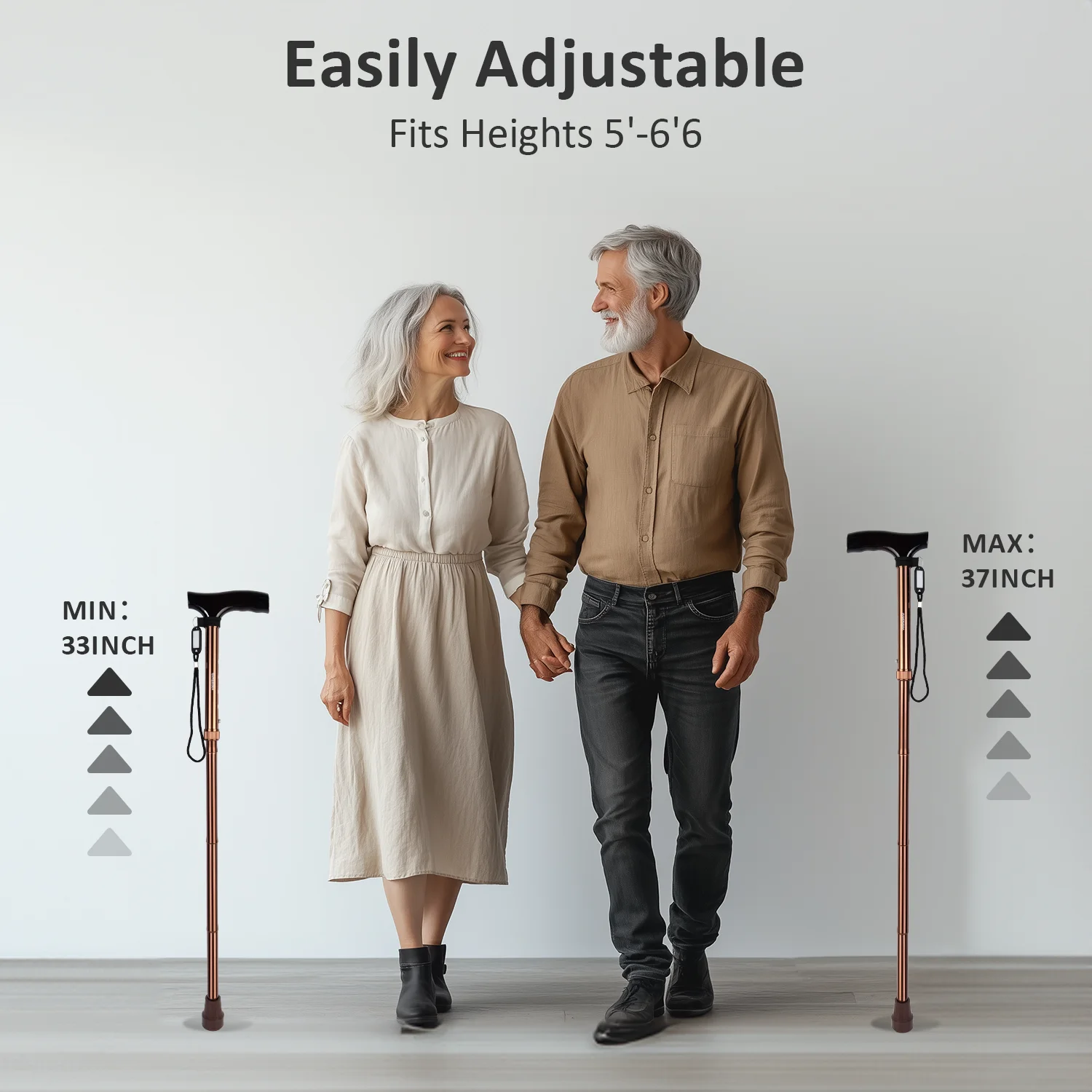 Adjustable Height Folding Cane for Men and Women Wood and Cork Handle with Anti-Slip Rubber Tip Wrist Strap Walking Stick