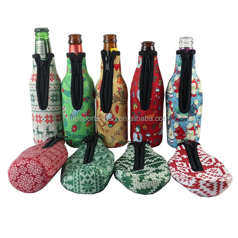 Full Sublimation Zipper Closure Neoprene Beer Bottle Holder Christmas Beer Bottle Insulator Sleeve