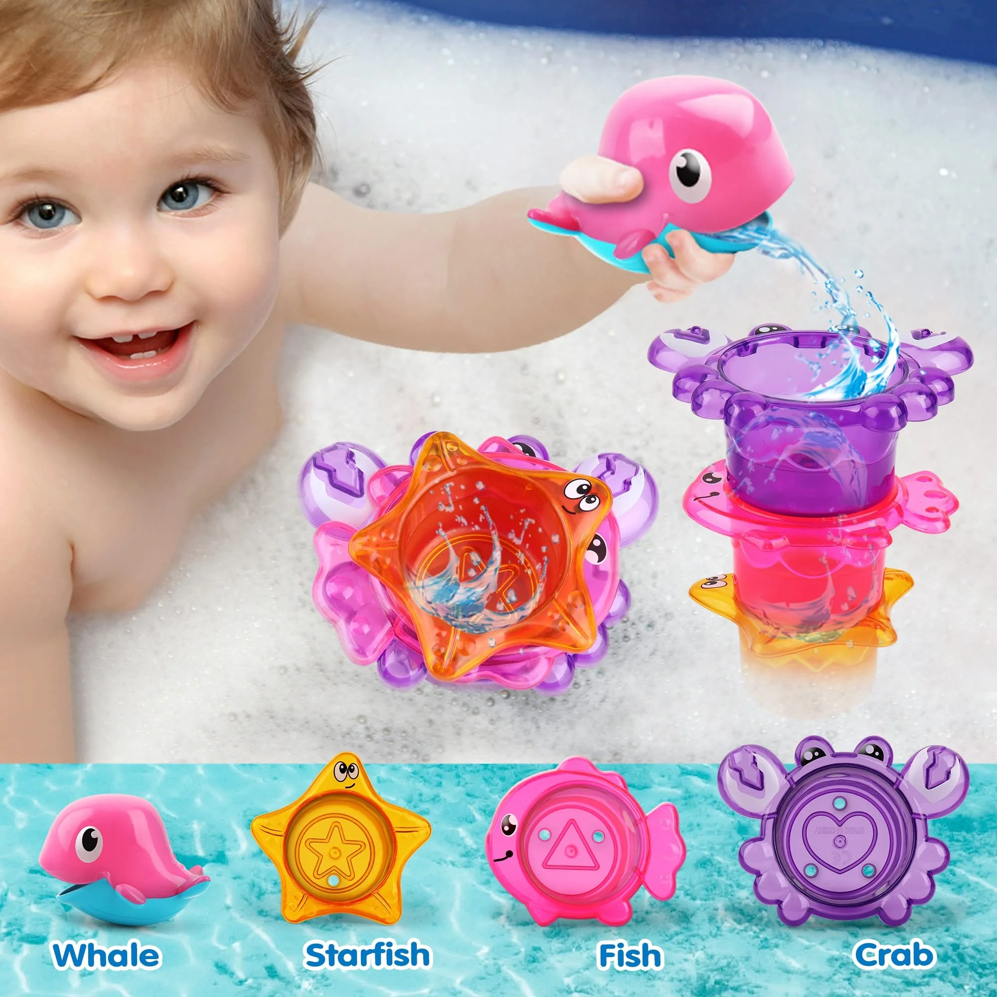 10pk Bath Toy for Toddlers Bathtub Toy with Floating Mold Free Swimming Toys and Stacking Cups Magnetic Fishing Game
